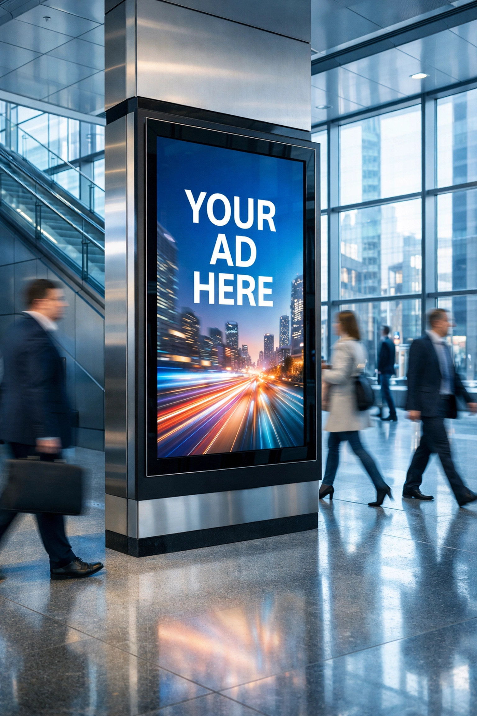 Digital advertising display in a modern transit hub targeting urban commuters.