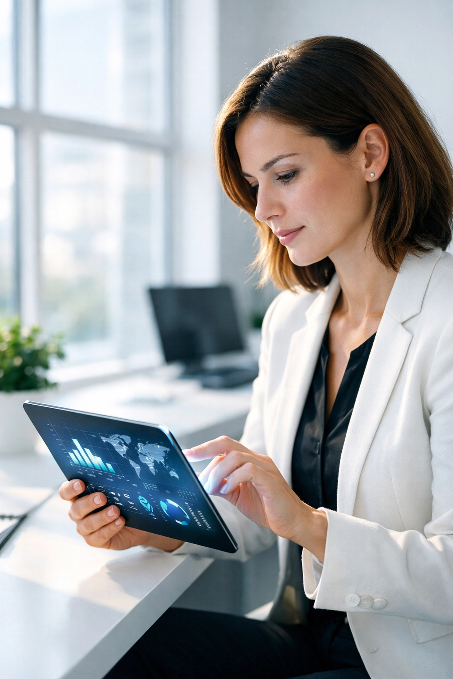 Professional analyzing AI advertising performance data and innovation trends on a digital tablet.