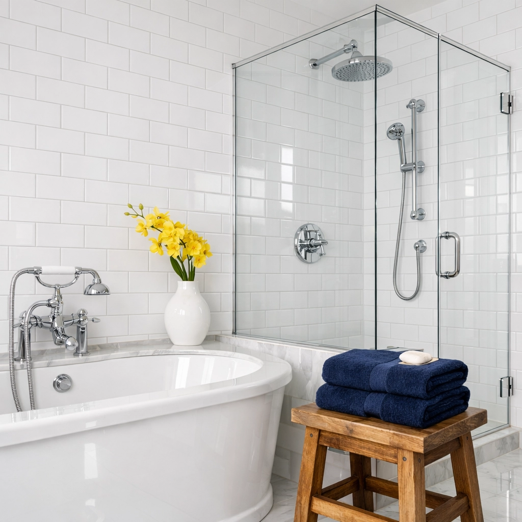 Sparkling clean bathroom with sanitized white subway tiles and chrome fixtures from expert deep cleaning services.