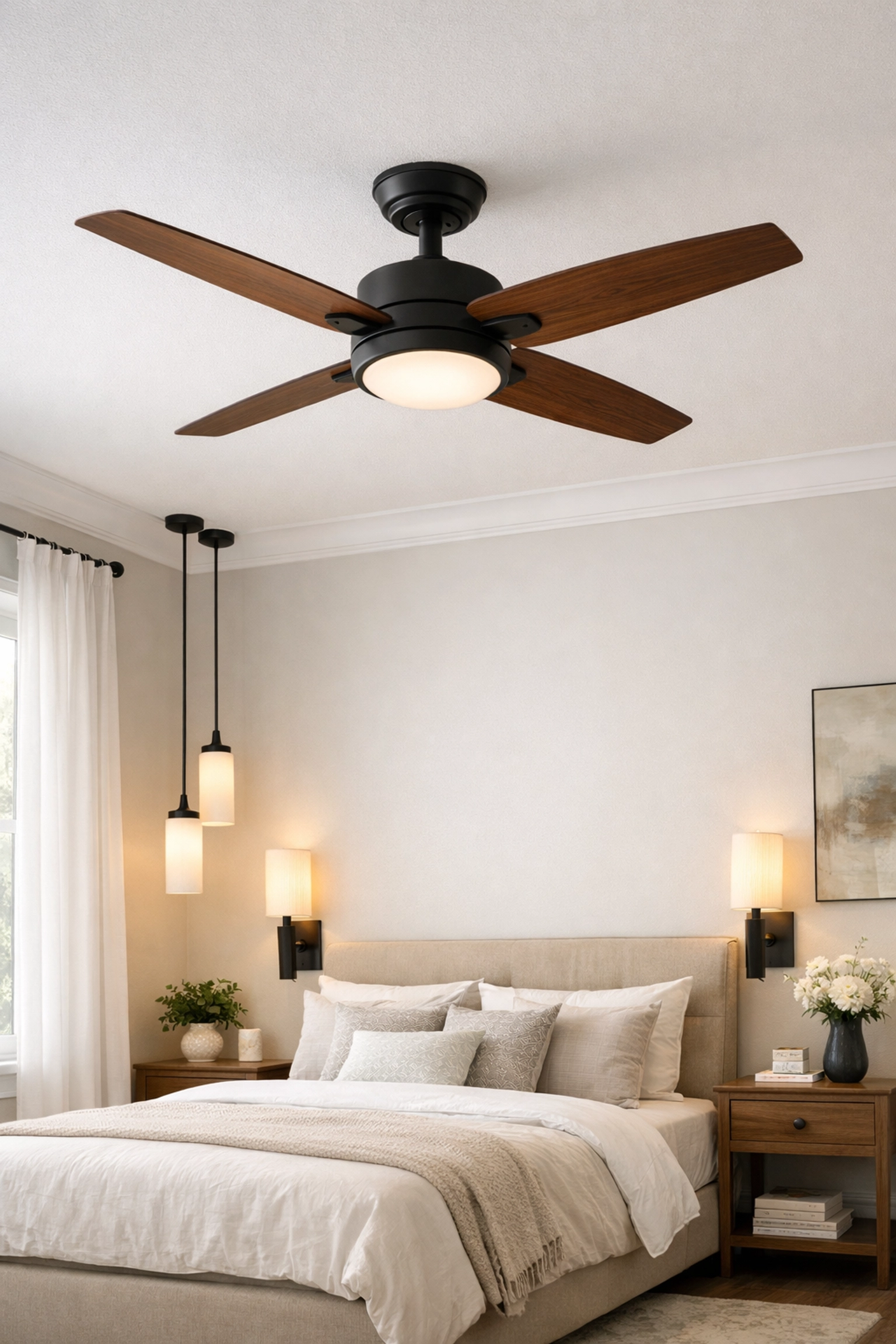 Contemporary bedroom with modern ceiling fan and layered lighting in Central Florida home