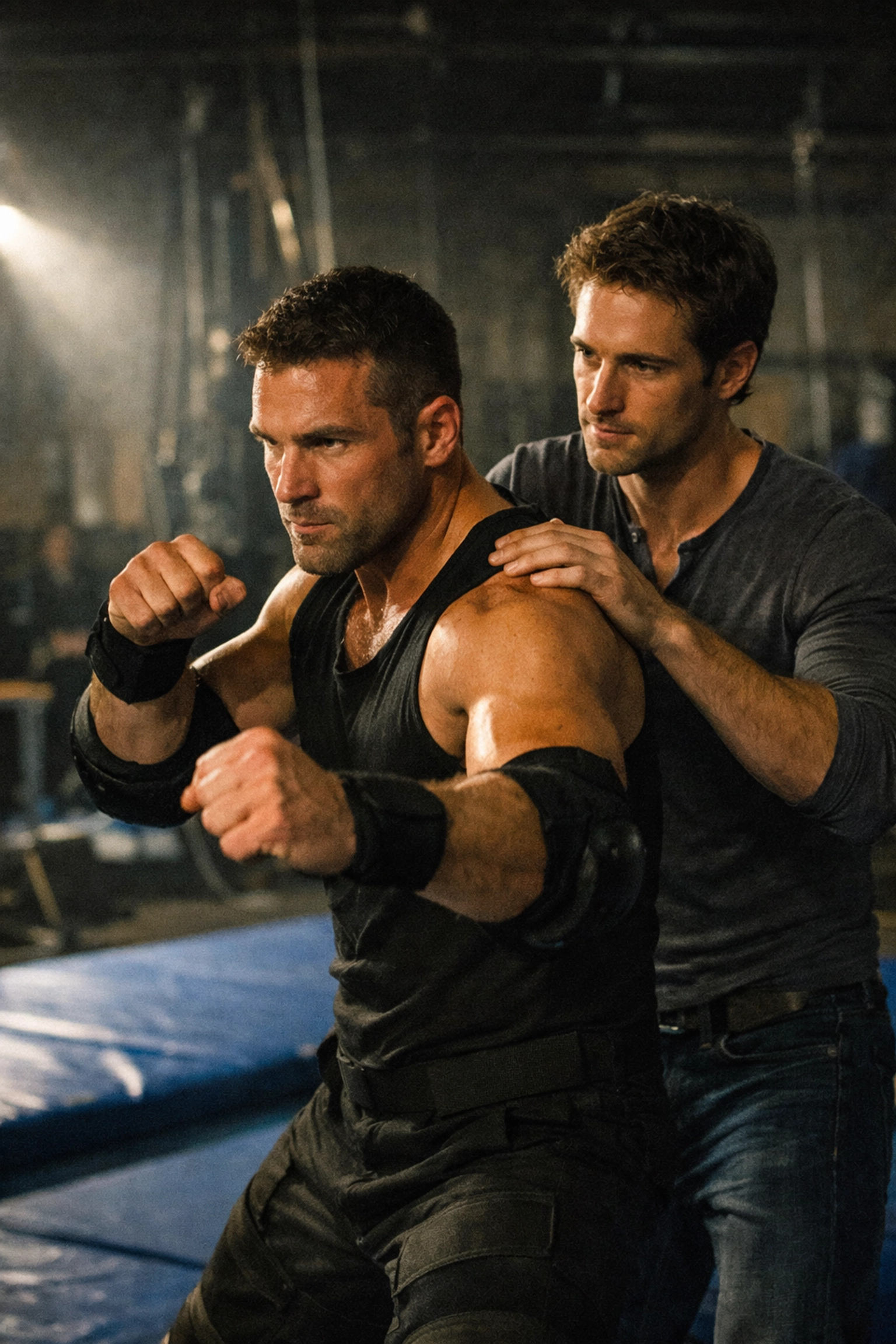 Action star and stunt double sharing a protective moment during rehearsal in Hollywood warehouse