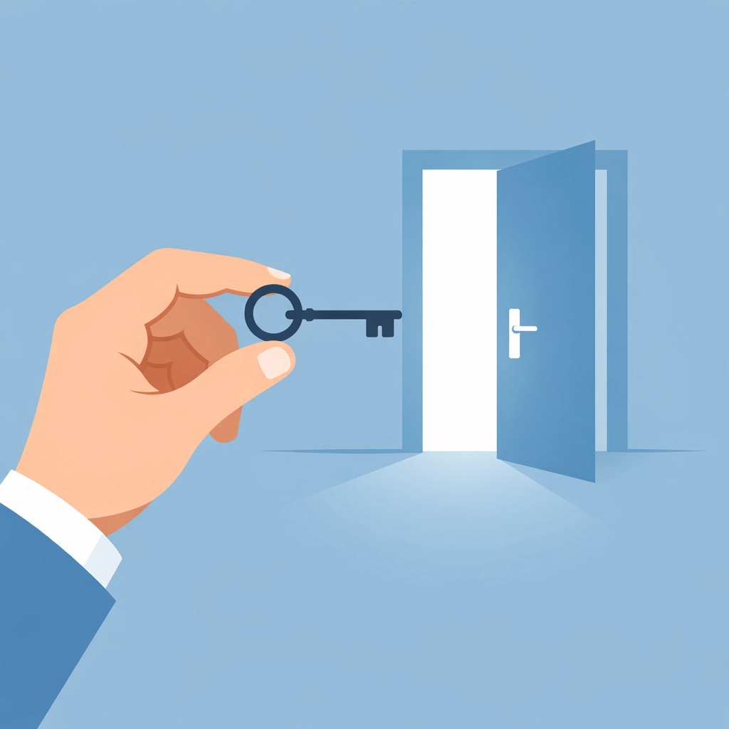 Mano con llaves de hogar frente a una puerta abierta, símbolo de lograr el sueño de casa propia.