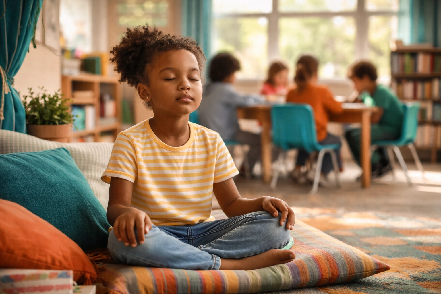 A young student practices deep breathing on a colorful cushion in a diverse classroom, modeling emotional regulation in schools.