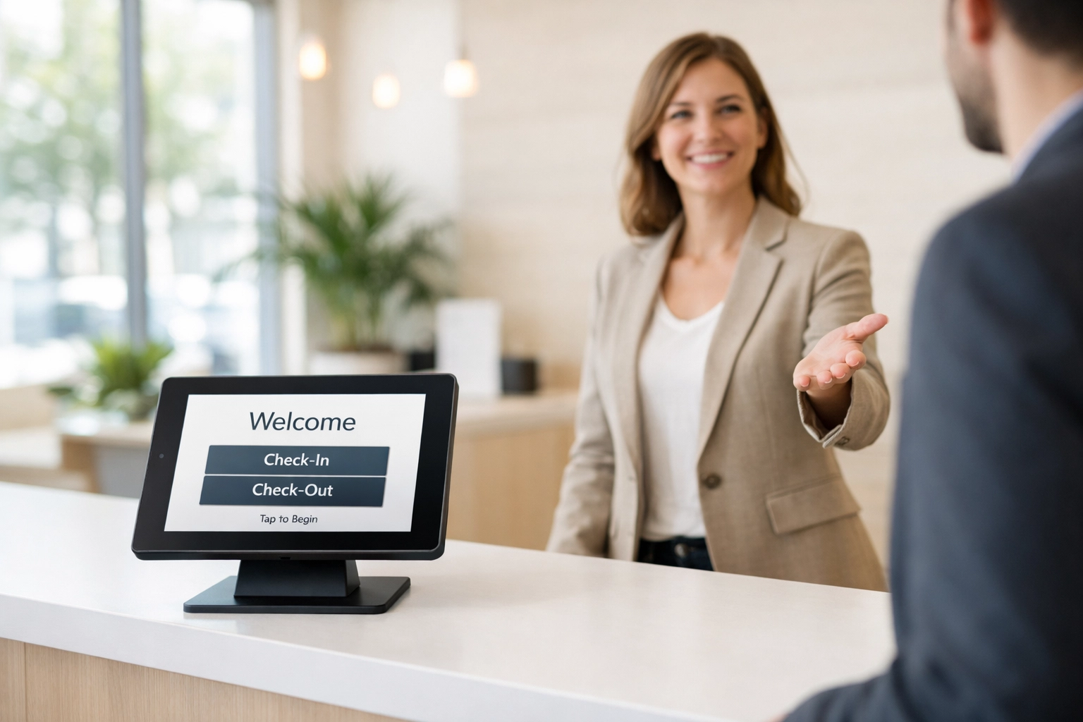Modern hotel reception area with efficient tablet-based check-in system