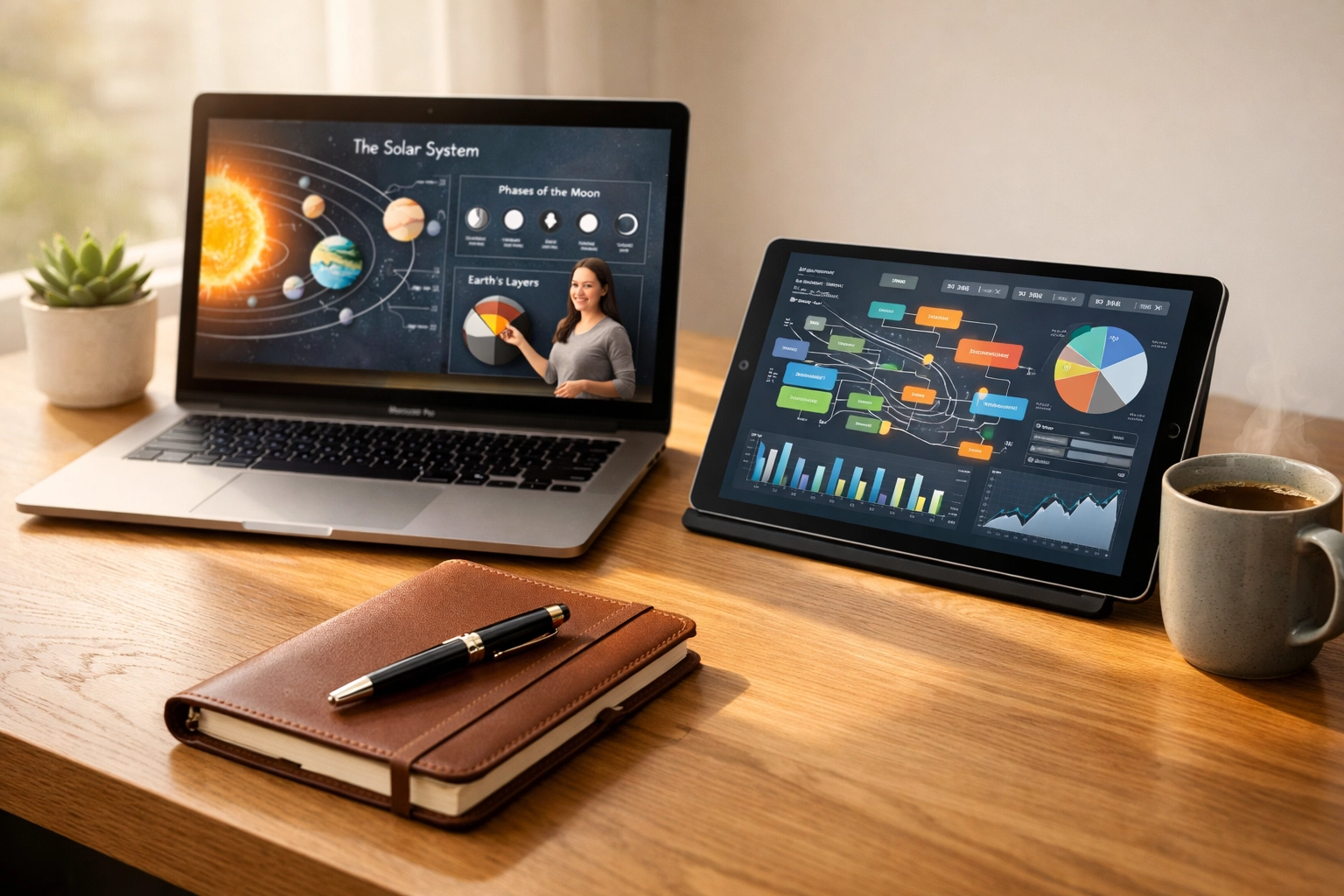 A modern minimalist workspace with digital tools used for interactive learning and educational growth.