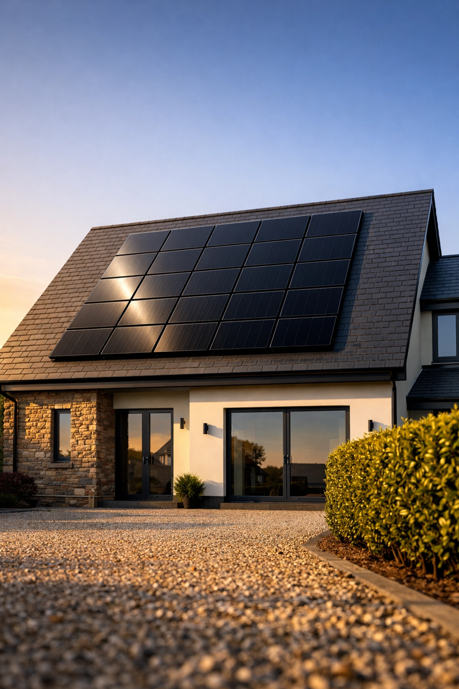 Tier-1 black solar panels on a modern UK house roof, representing quality solar installation and warranties.