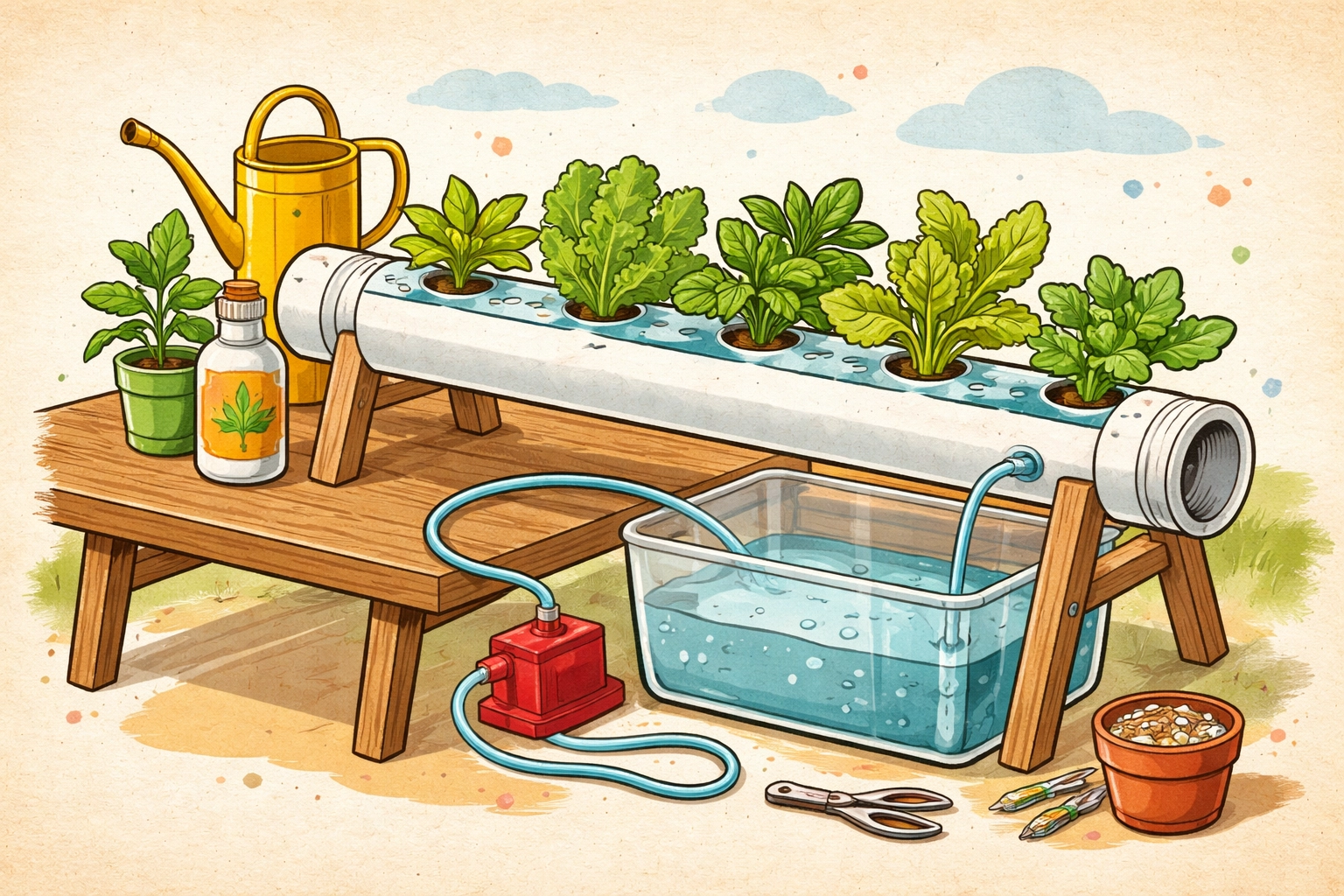 Storybook-style diagram of NFT hydroponic system showing lettuce plants growing in a sloped channel with water flowing past their roots.