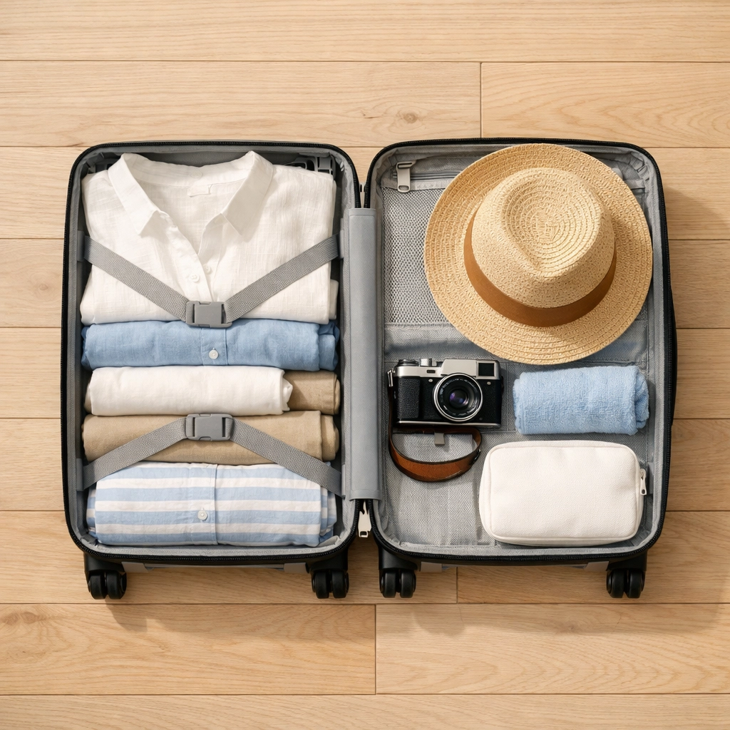 Neatly packed suitcase with travel essentials for a stress-free 2026 cruise vacation.