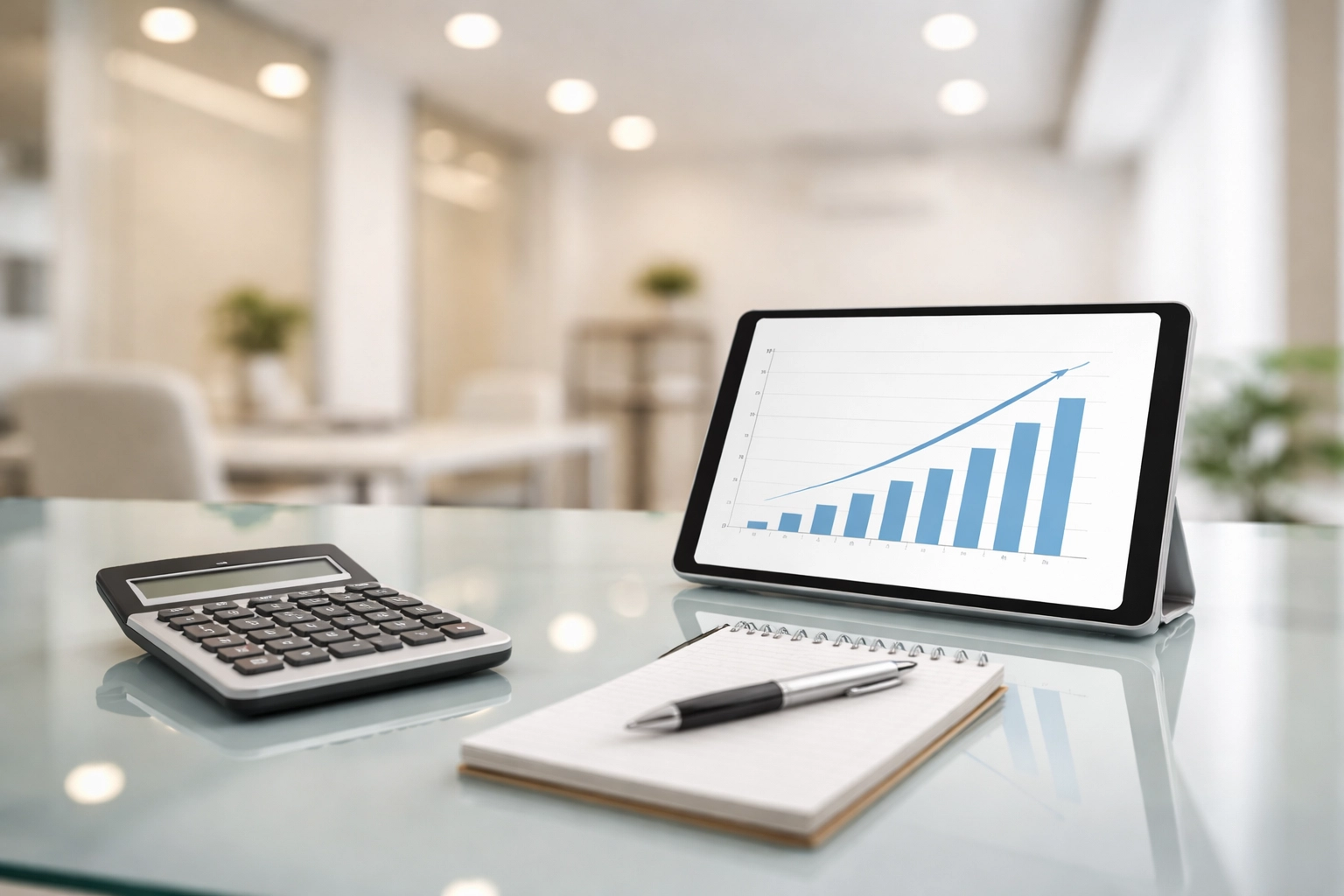 Glass desk with calculator, graph tablet, and notepad, highlighting cost analysis for tax service bureaus