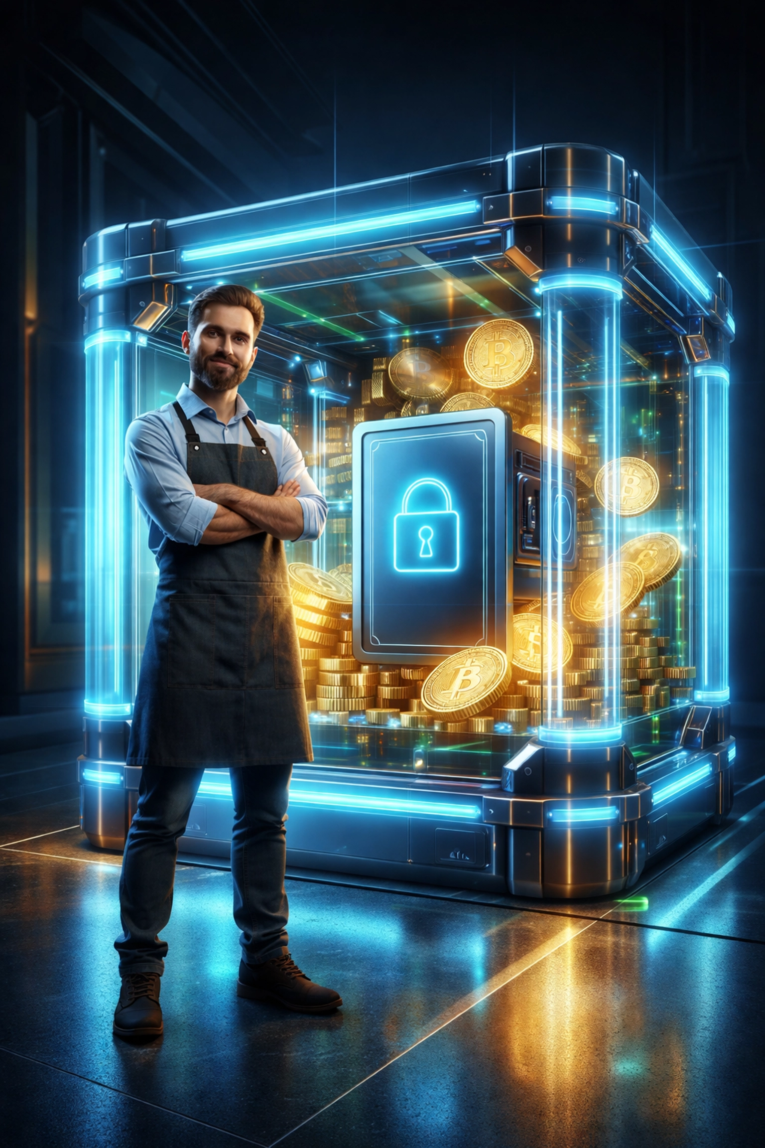 Small business owner with secure self-custody crypto wallet vault for merchant payment sovereignty