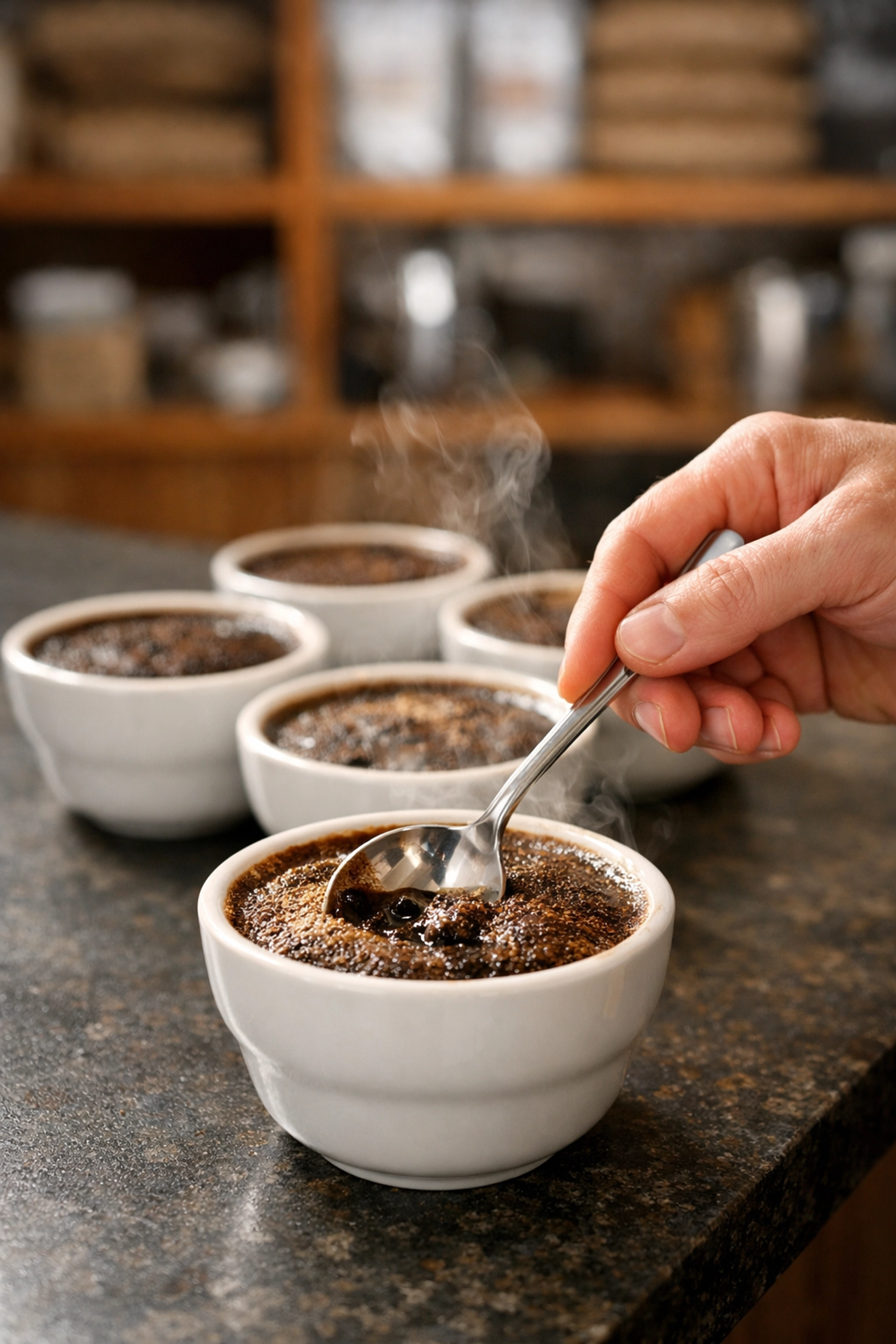 Close-up of a specialty coffee cupping session at a roastery to select wholesale coffee beans.