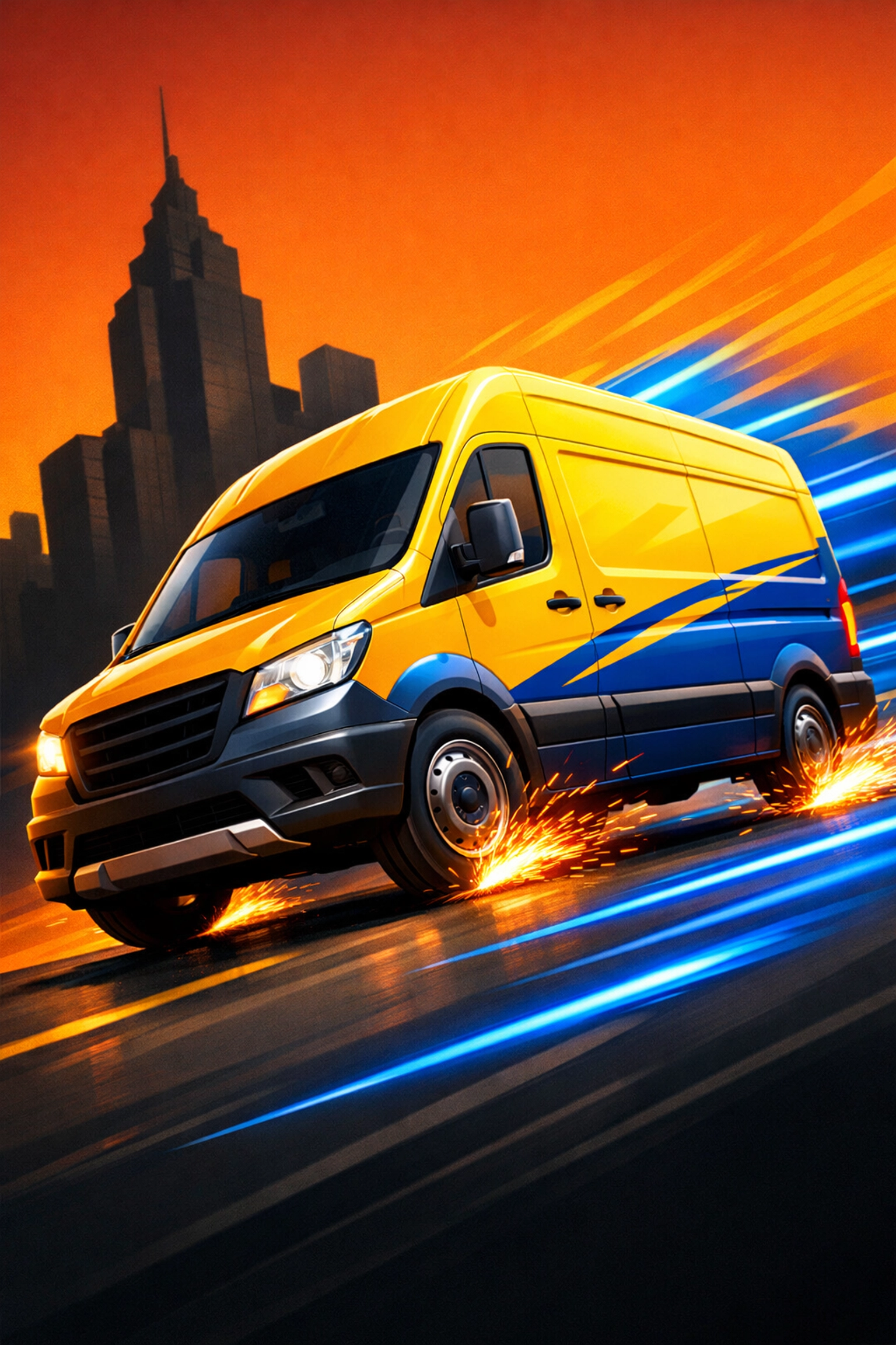 Construction delivery van moving fast to transport building materials to a modern job site.