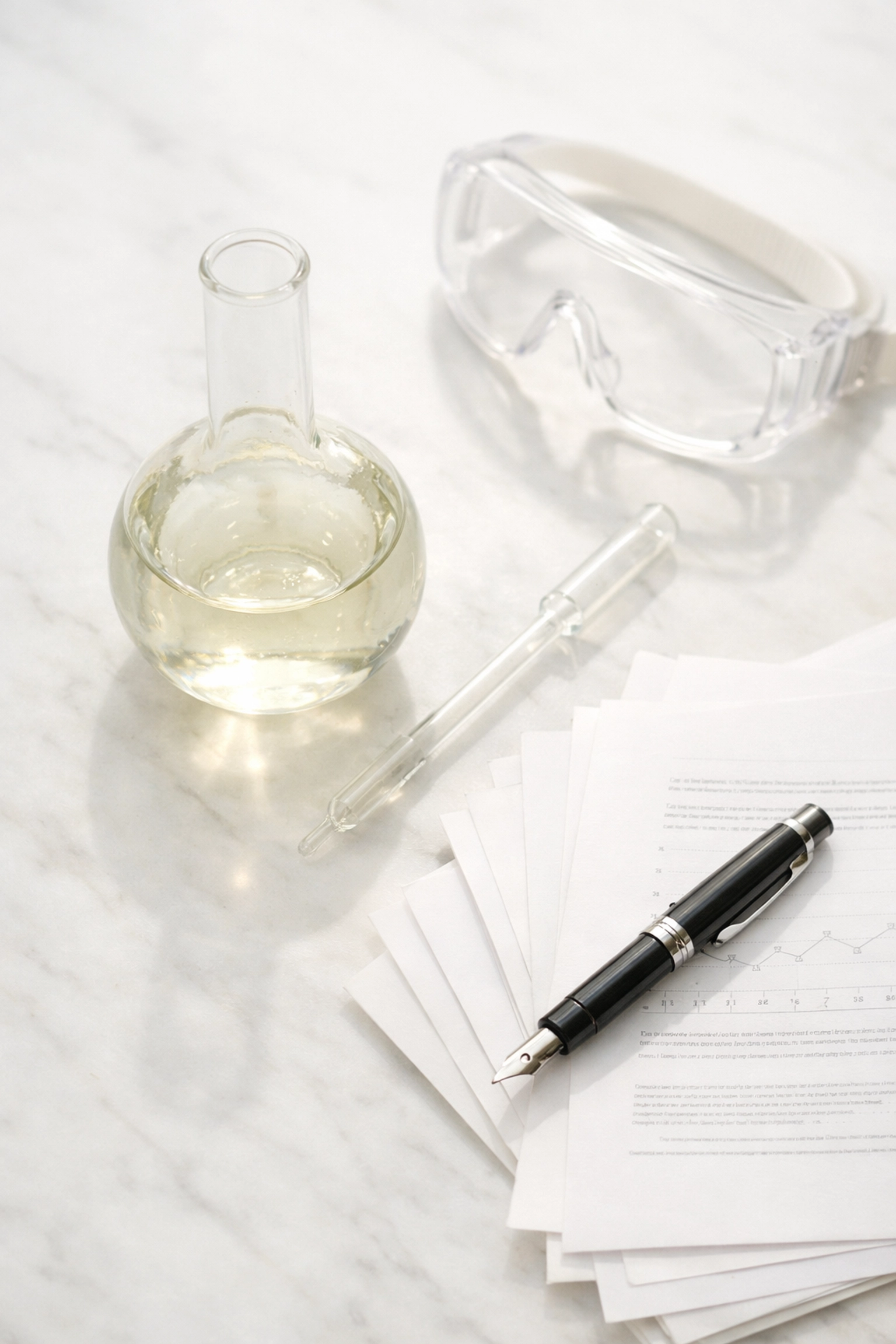 Lab glassware and scientific papers illustrating the academic preparation required for a Medicine degree.