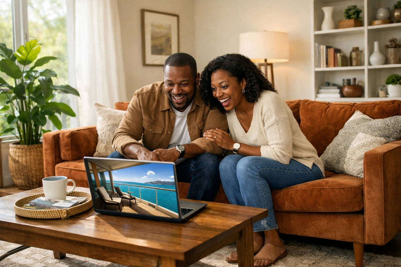 A couple excitedly reviewing a luxury cruise proposal, a key part of travel agent success secrets.