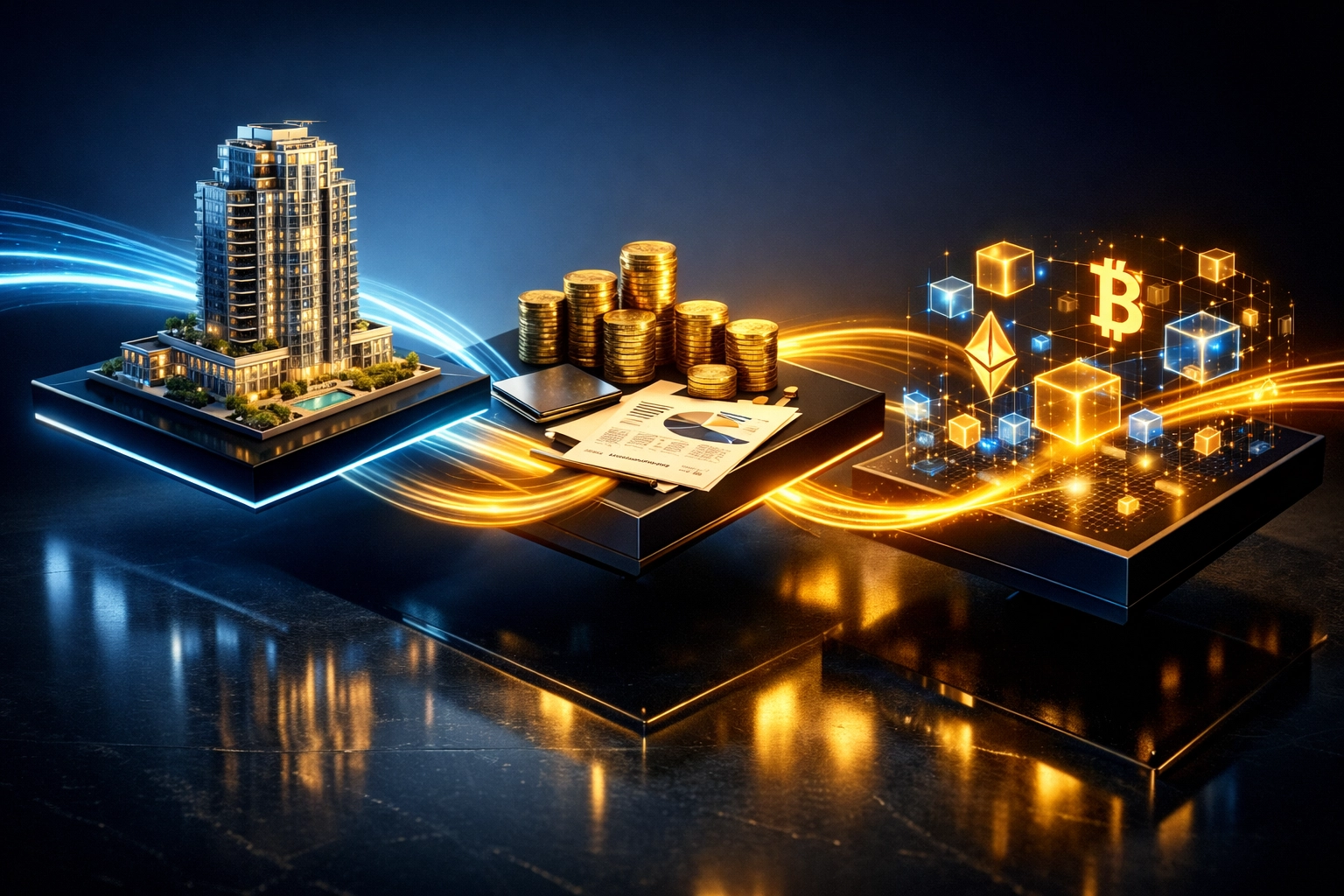 Real estate, private equity, and crypto integration connected by blockchain technology