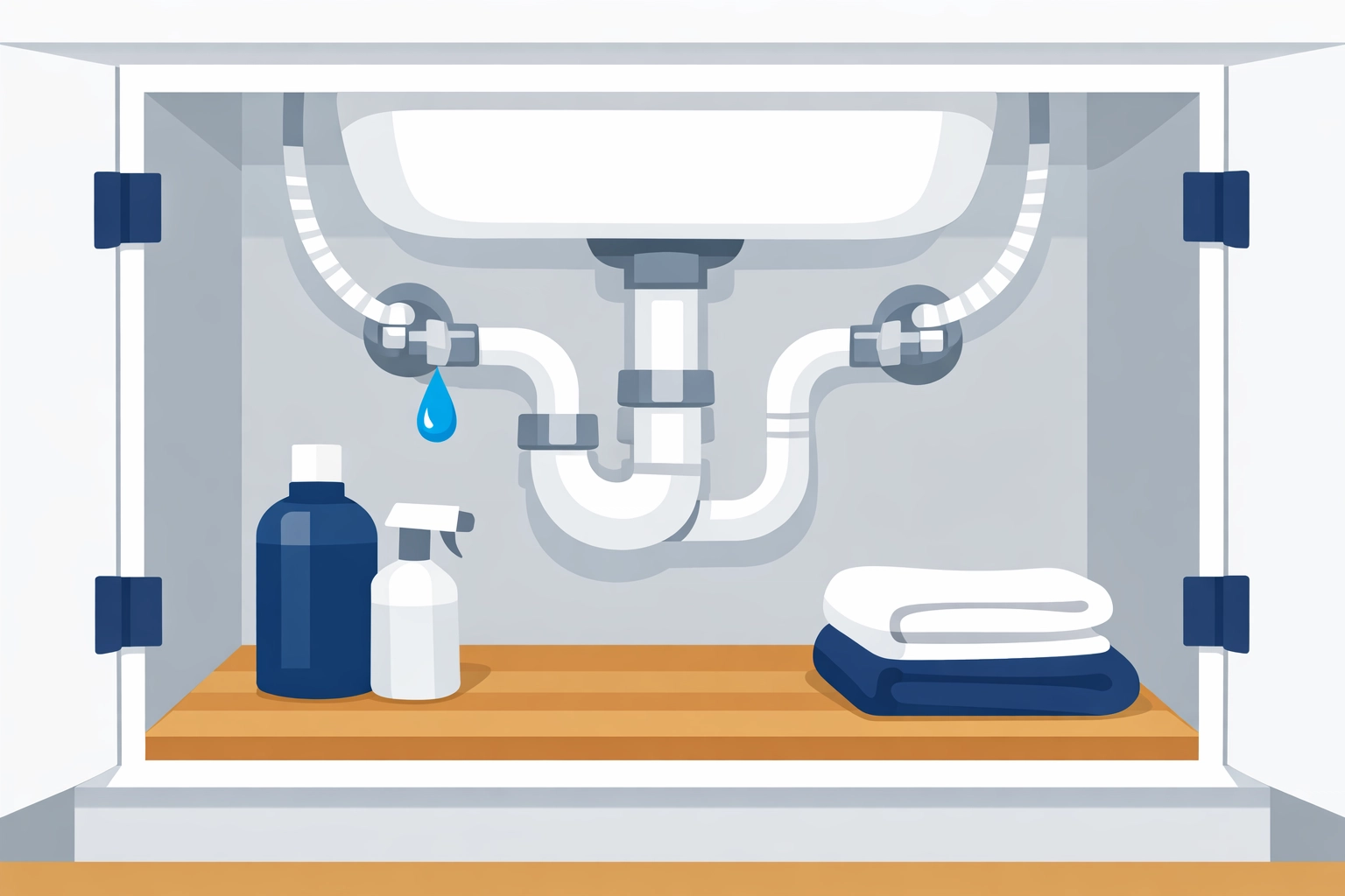 Under-sink plumbing inspection revealing water supply line leak detection