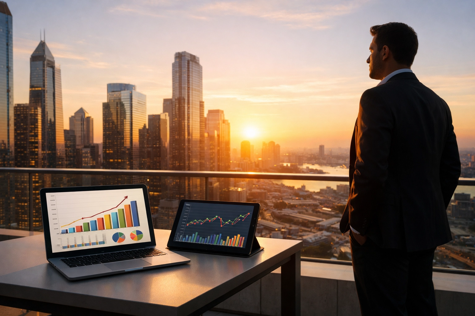 Business professional reviewing budget optimization and growth charts for a successful Super Bowl campaign.