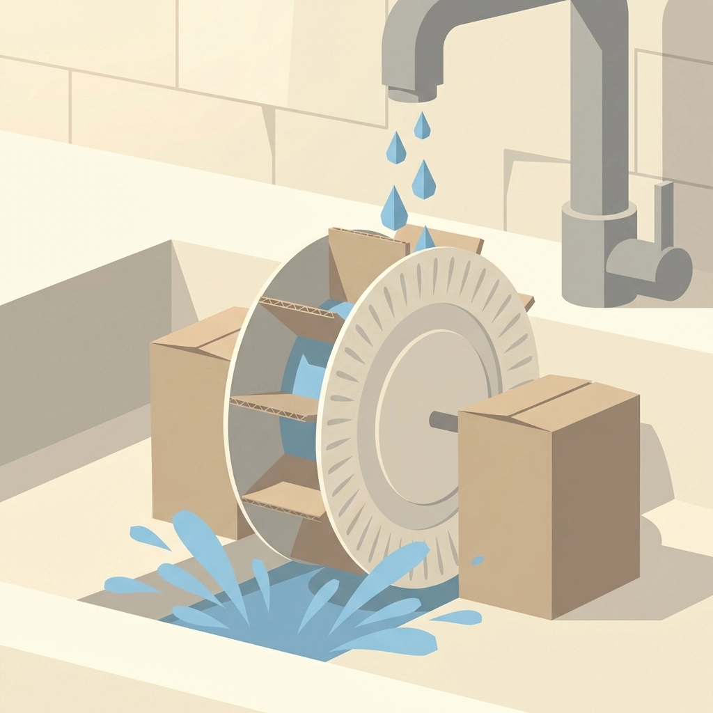 Completed waterwheel model spinning under a faucet stream, supported by cardboard boxes in a kitchen sink