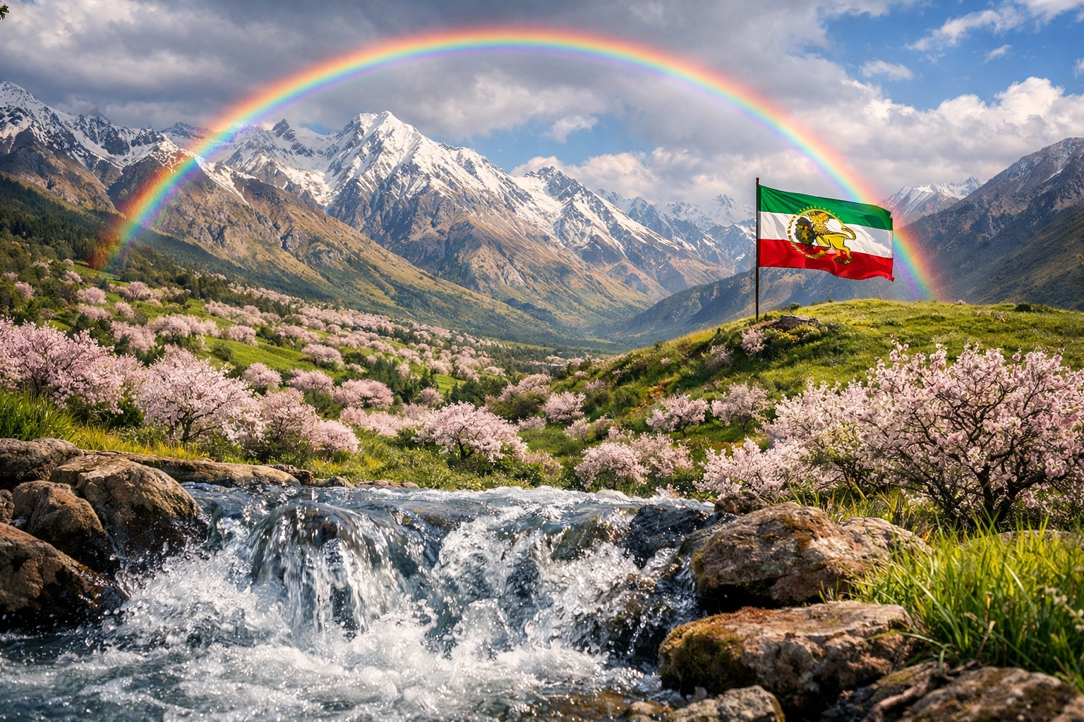 Alborz mountain landscape with a rainbow and the traditional Persian Lion and Sun flag.