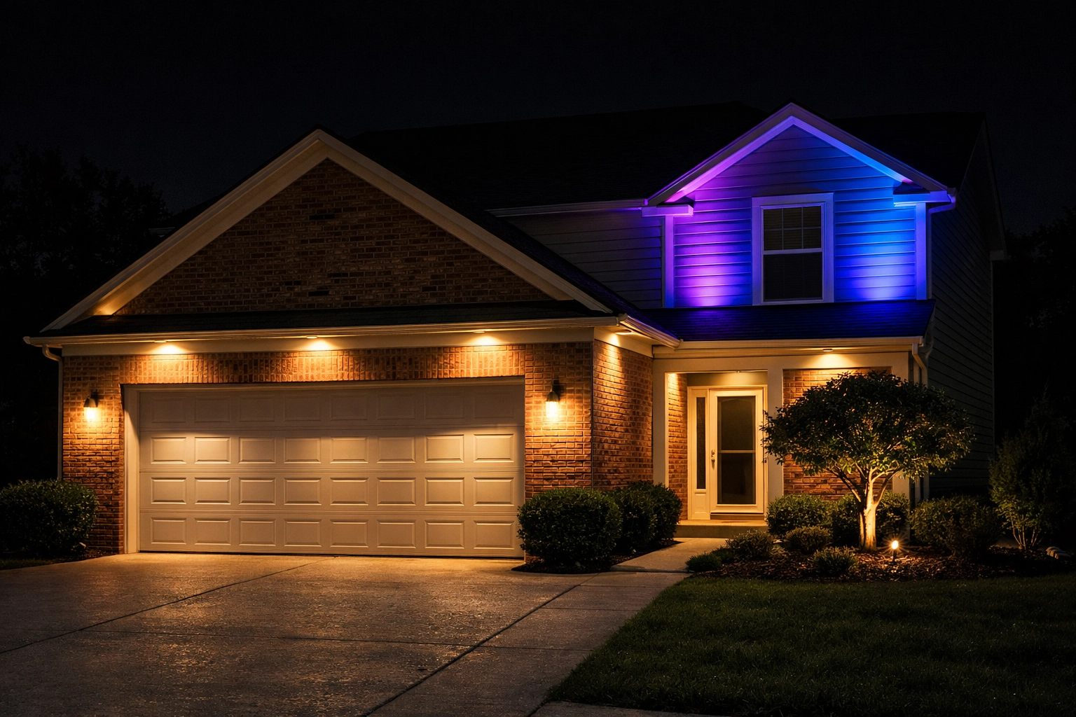 Custom architectural lighting on a Lexington home facade with warm white and purple LED accents for curb appeal.
