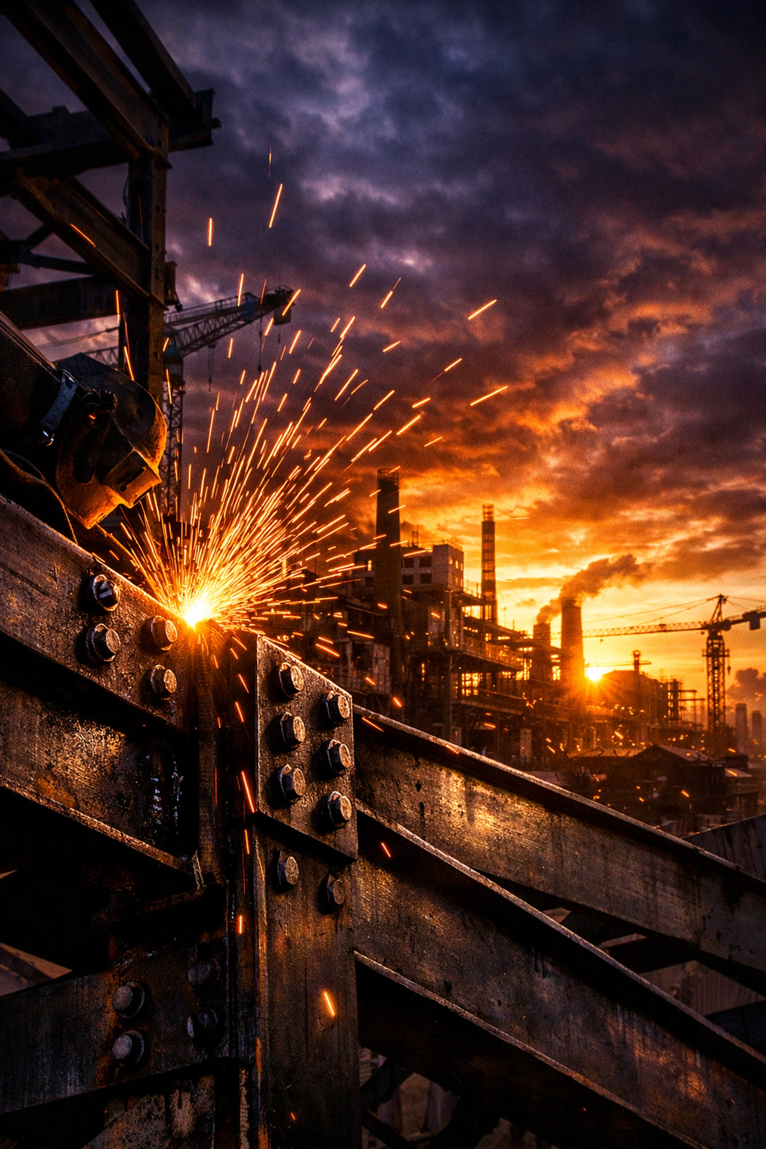 Industrial steel construction site at sunrise representing business expansion and equipment financing.