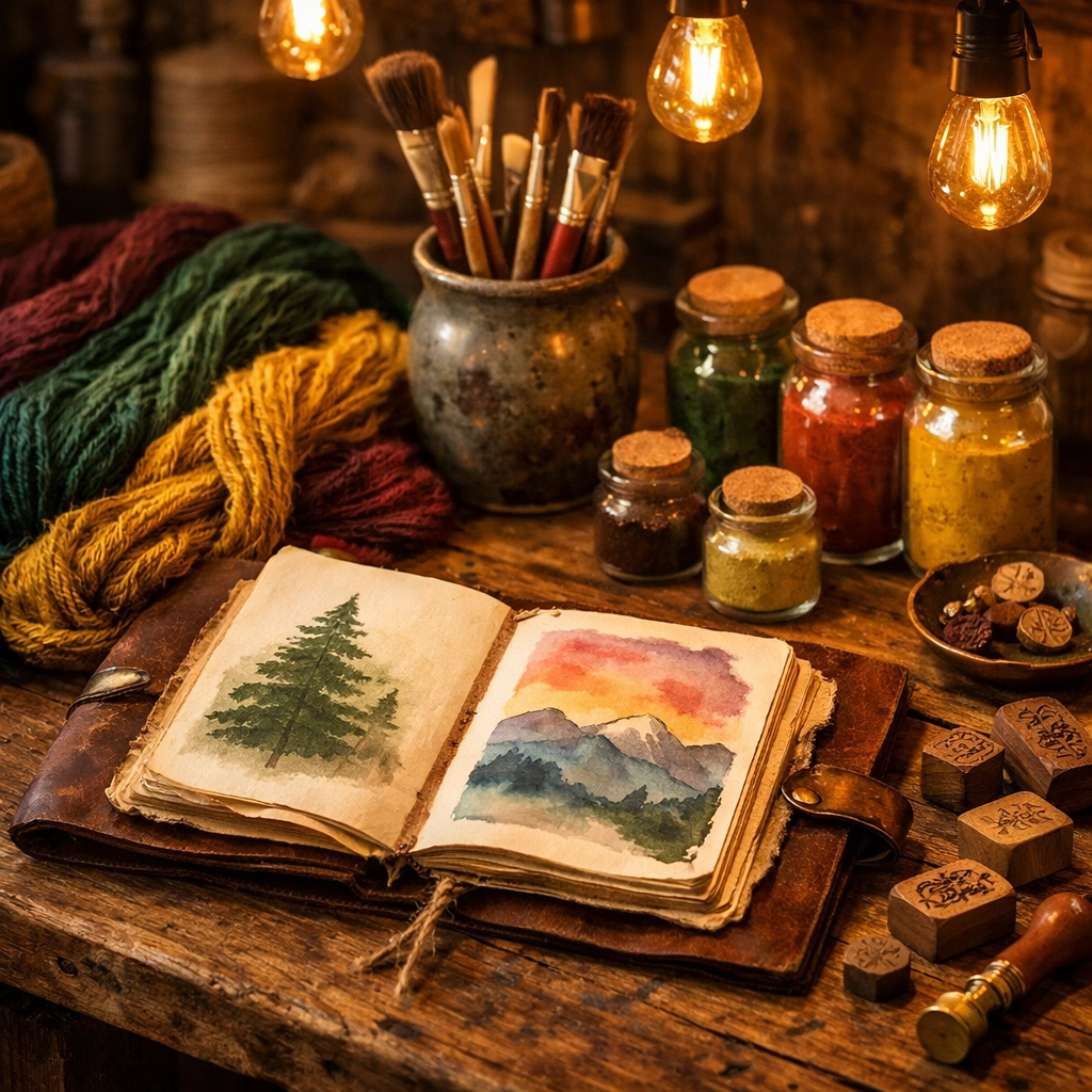 Artisan craft supplies and handmade materials for creative makers on wooden workbench