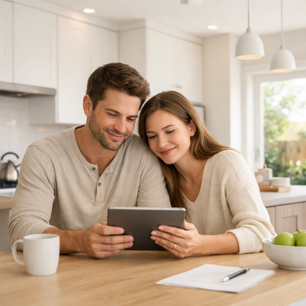 Modern manufactured home interior showing a couple in a stylish, energy-efficient kitchen near Houston.