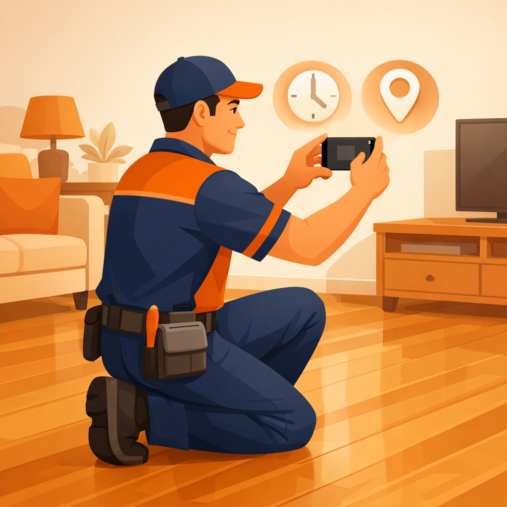 Service technician using a contractor photo app to document a job site with GPS and timestamps.