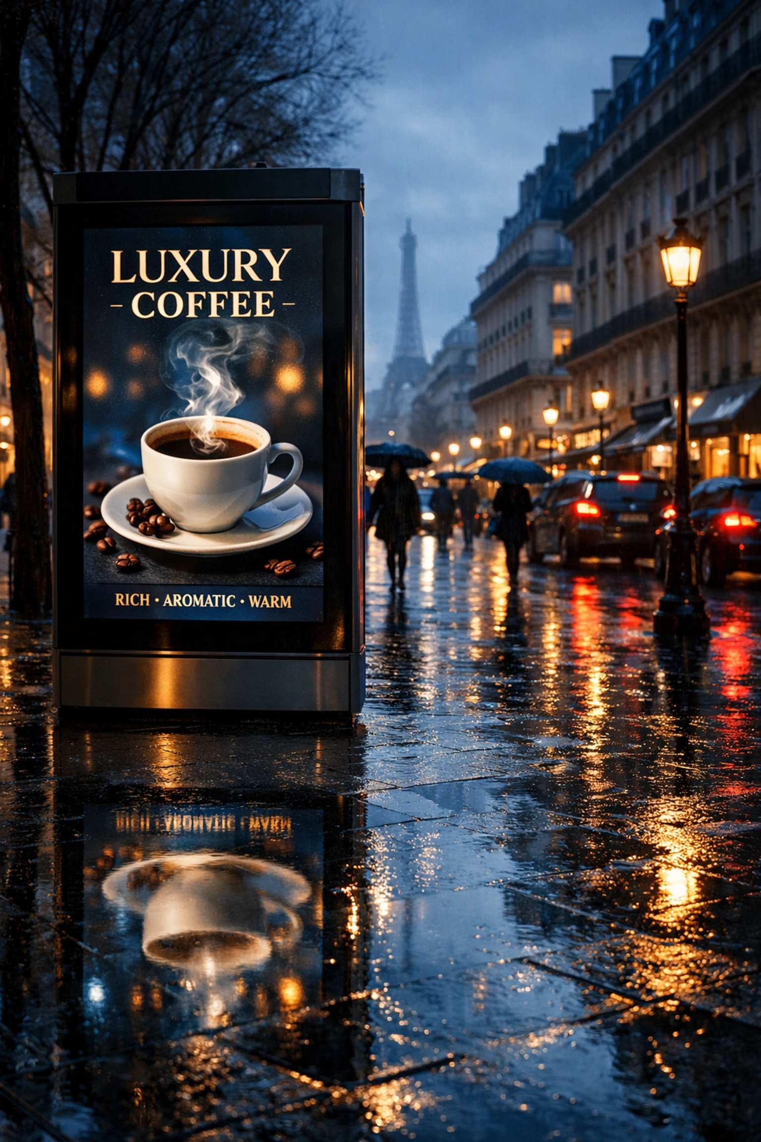 Weather-triggered digital ad kiosk on a rainy Paris street displaying contextually relevant ads.