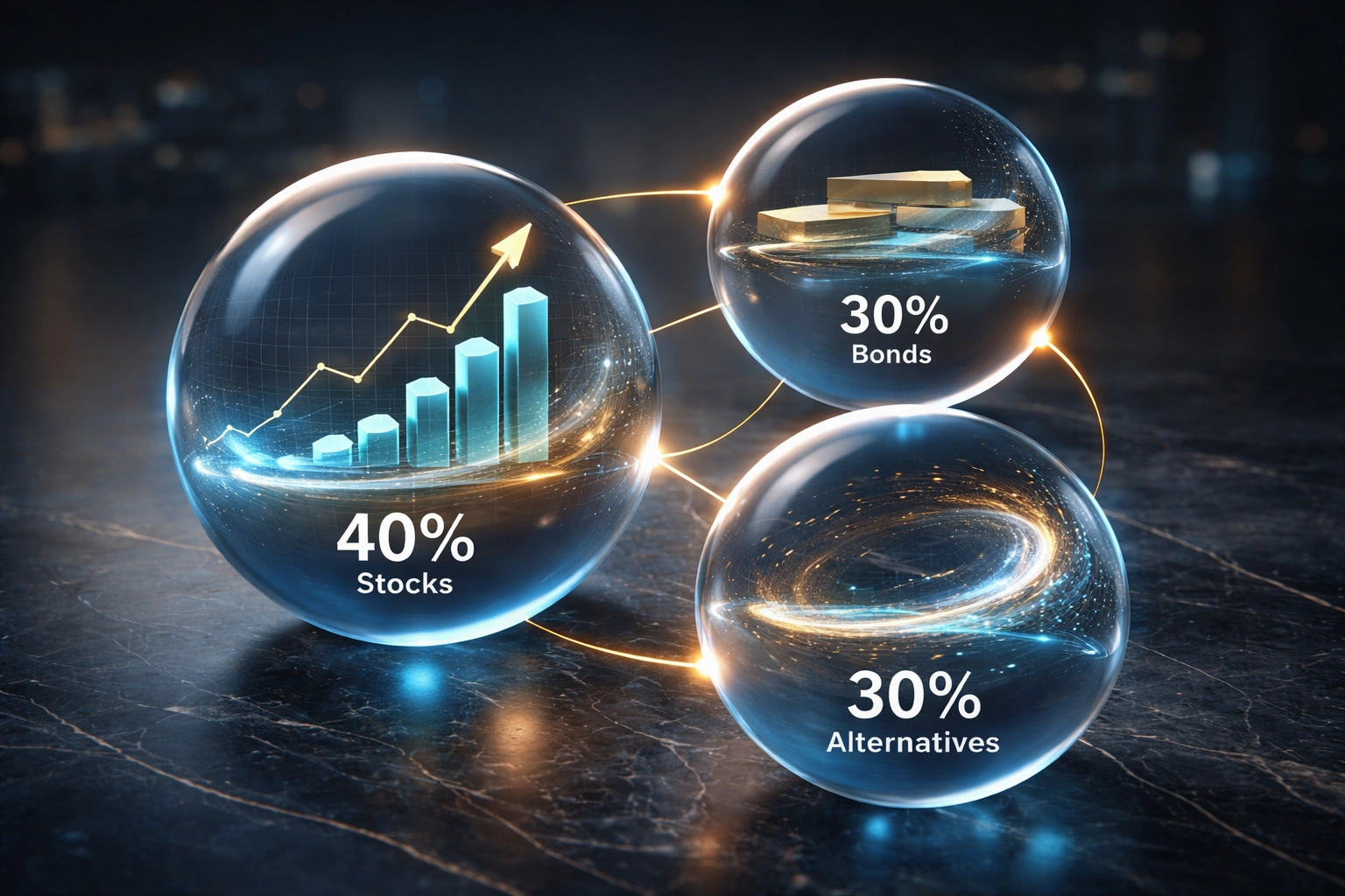 Modern visualization of the 40/30/30 portfolio model highlighting equities, bonds, and alternative investments