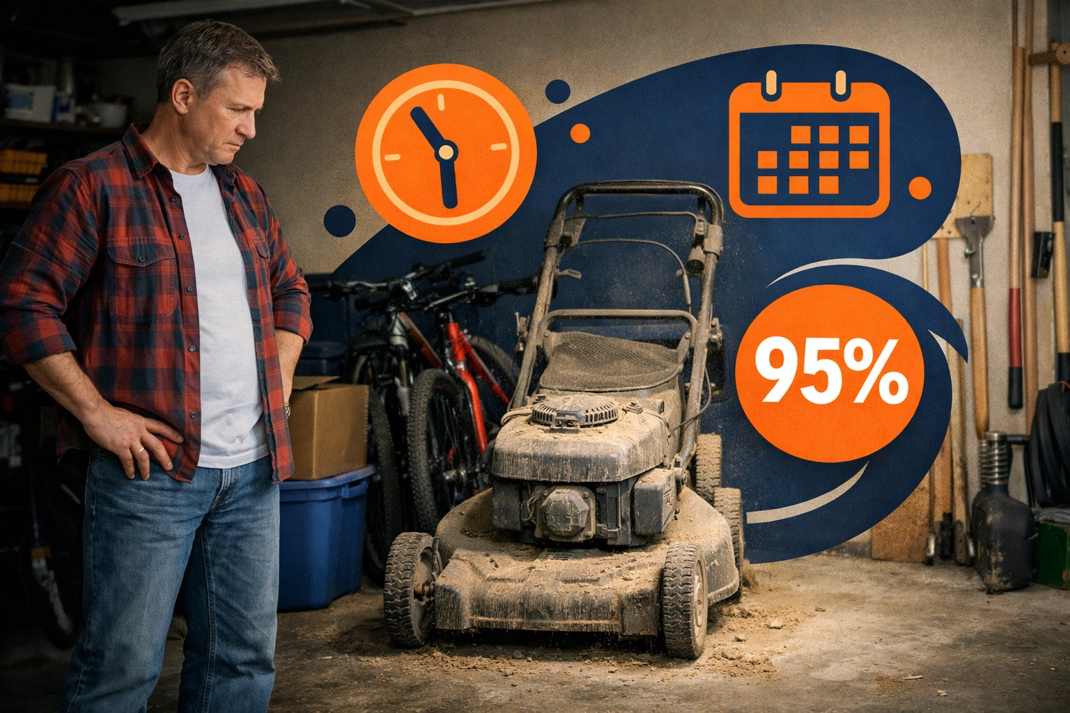 A dusty lawn mower sitting idle in a suburban garage, illustrating the hidden cost of underused yard tools.