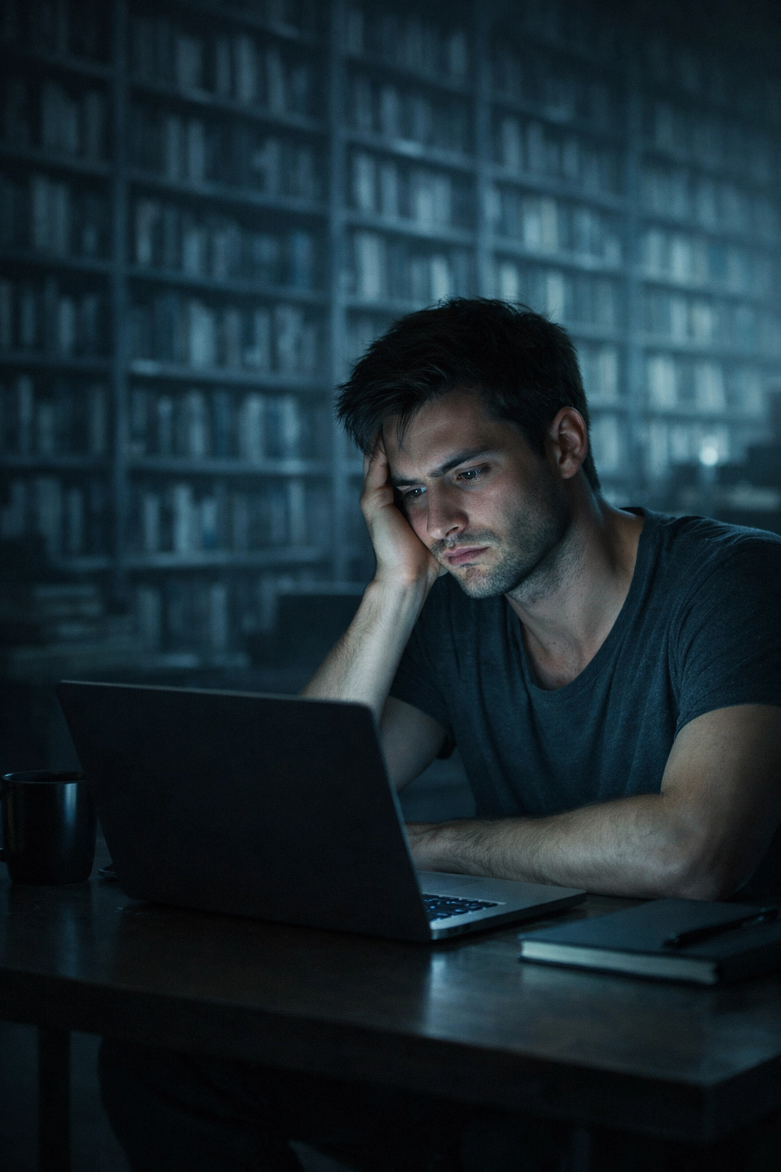 Frustrated gay author at a laptop, representing the struggle of self-publishing on big retail platforms.