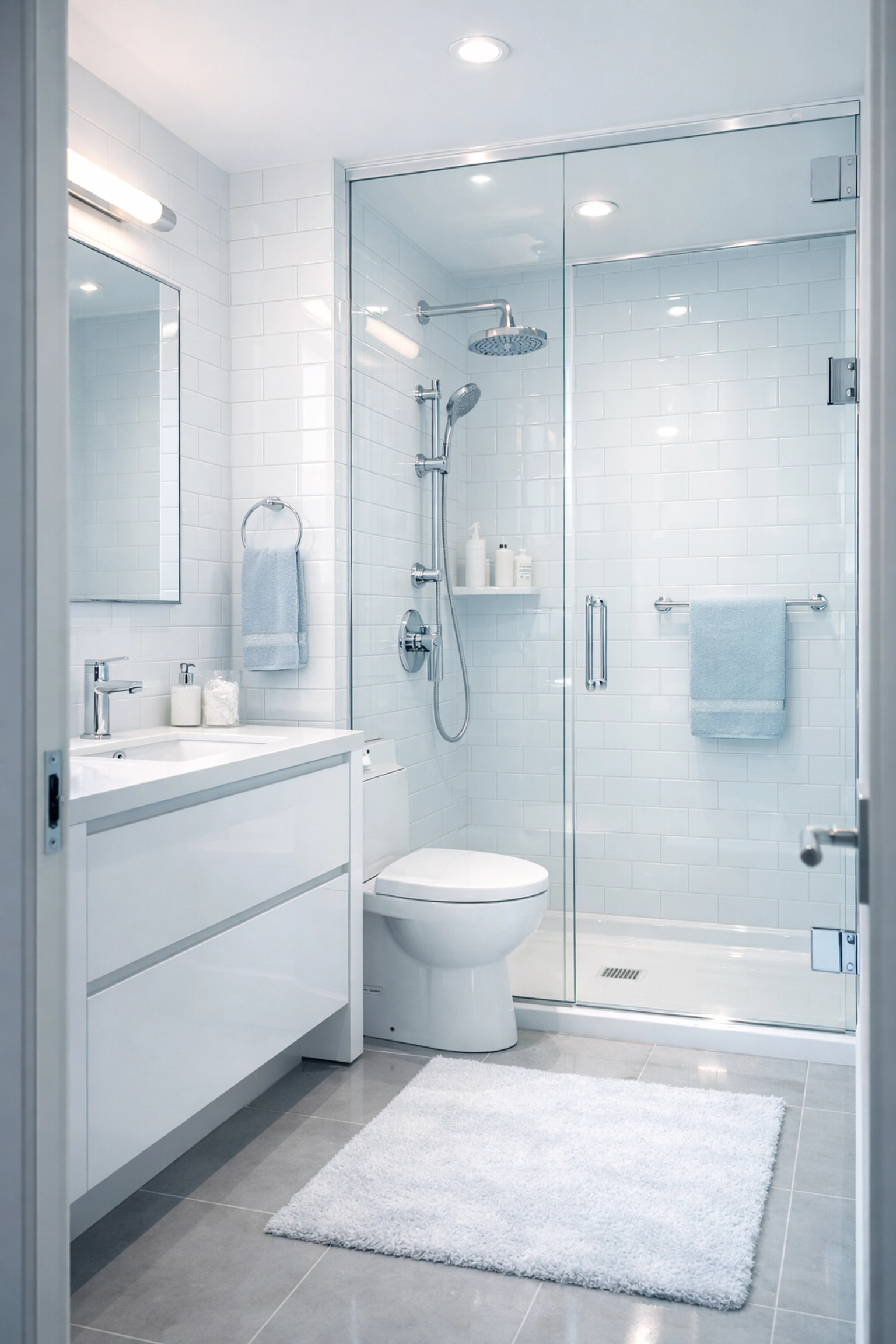 Pristine apartment bathroom with gleaming fixtures after professional make ready cleaning