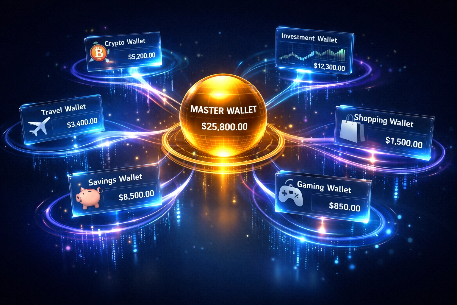 Master wallet dashboard controlling multiple sub-wallets for enterprise payment management