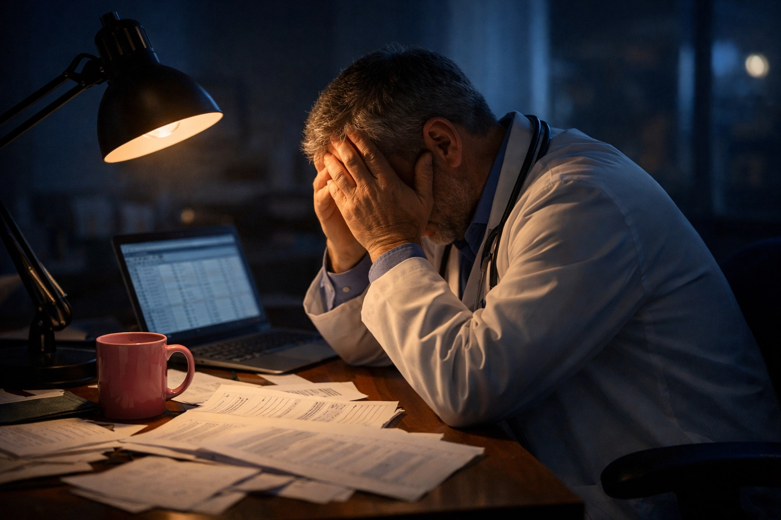 Overwhelmed Director of Nursing working late at desk surrounded by paperwork