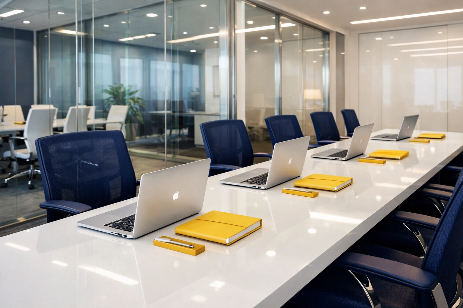 Professional office cleaning in Westborough featuring a sleek, dust-free workspace with blue and yellow accents.