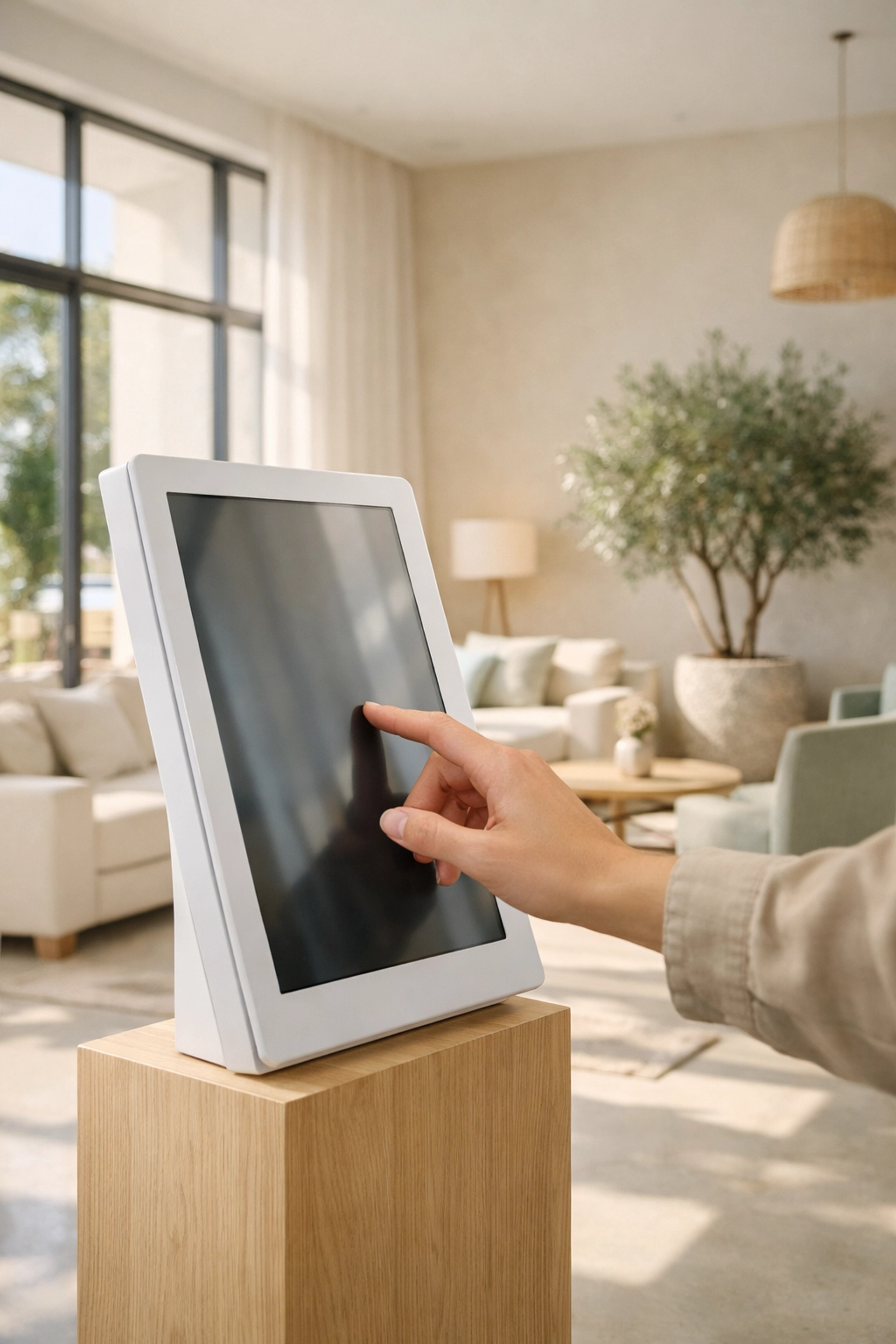 Guest interacting with a sleek self-check-in kiosk in a modern hotel lobby.