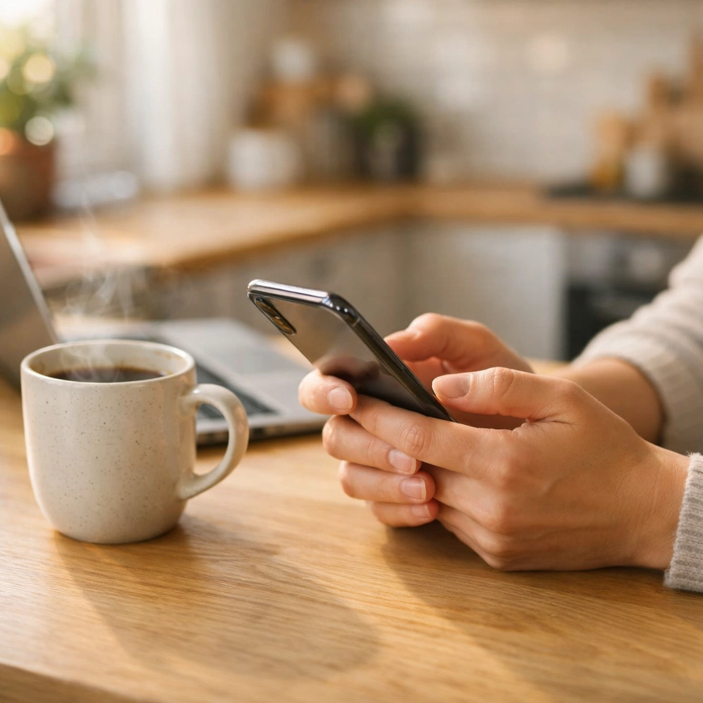 Hands using a smartphone to access a quick e-transfer payday loan canada while at home.