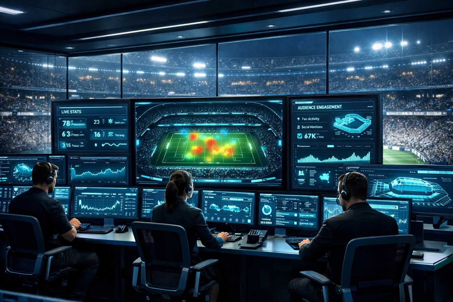 Sports stadium control room displaying real-time analytics and audience engagement metrics on monitors