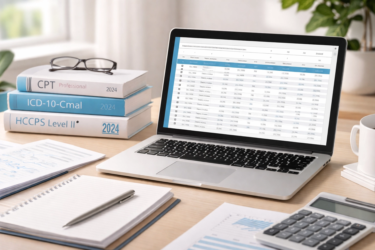 Medical billing specialist desk with coding reference books and laptop for mental health practice billing