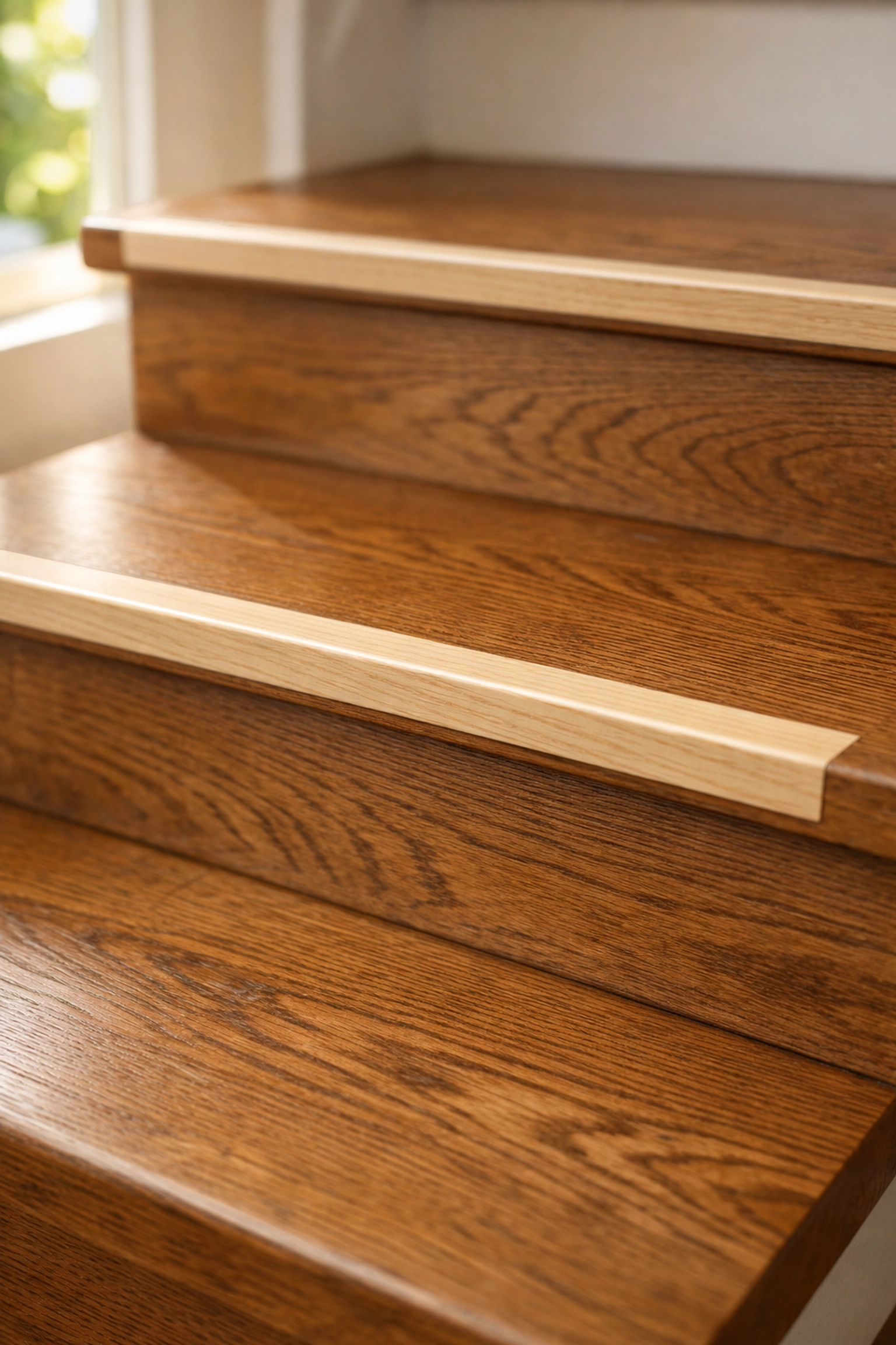 Contrasting non-slip stair treads on wooden steps highlight the edge for better visibility and safety.