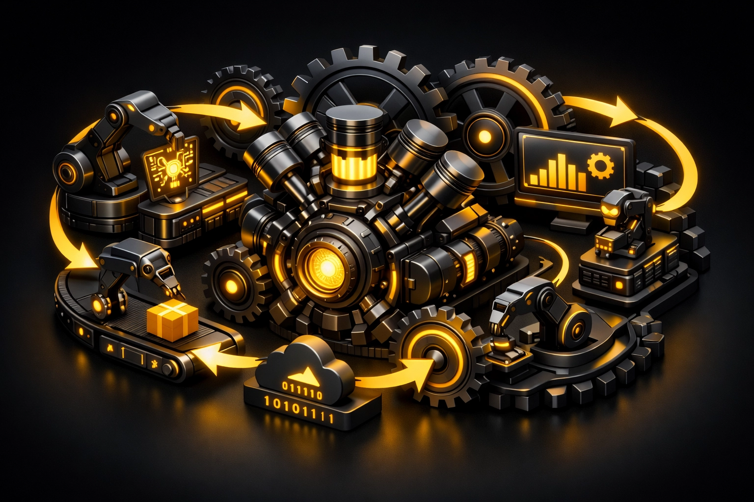 Marketing automation engine with interconnected gears showing team building system workflow