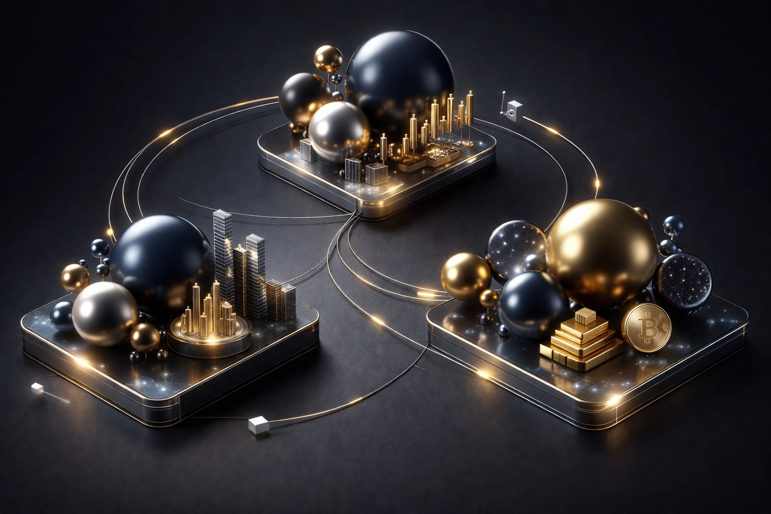 Abstract visualization of diversified portfolio allocation showing interconnected alternative investment asset classes