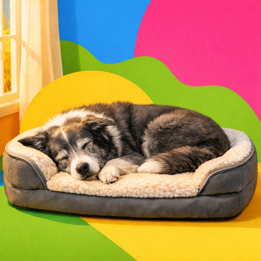 Senior dog resting comfortably on self-warming orthopedic bed for stress relief
