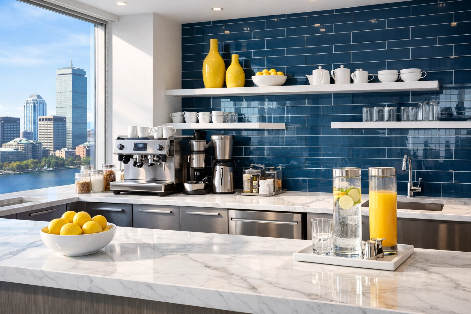 A spotless luxury office breakroom in a Boston high-rise, cleaned by professional office cleaning Boston MA experts.