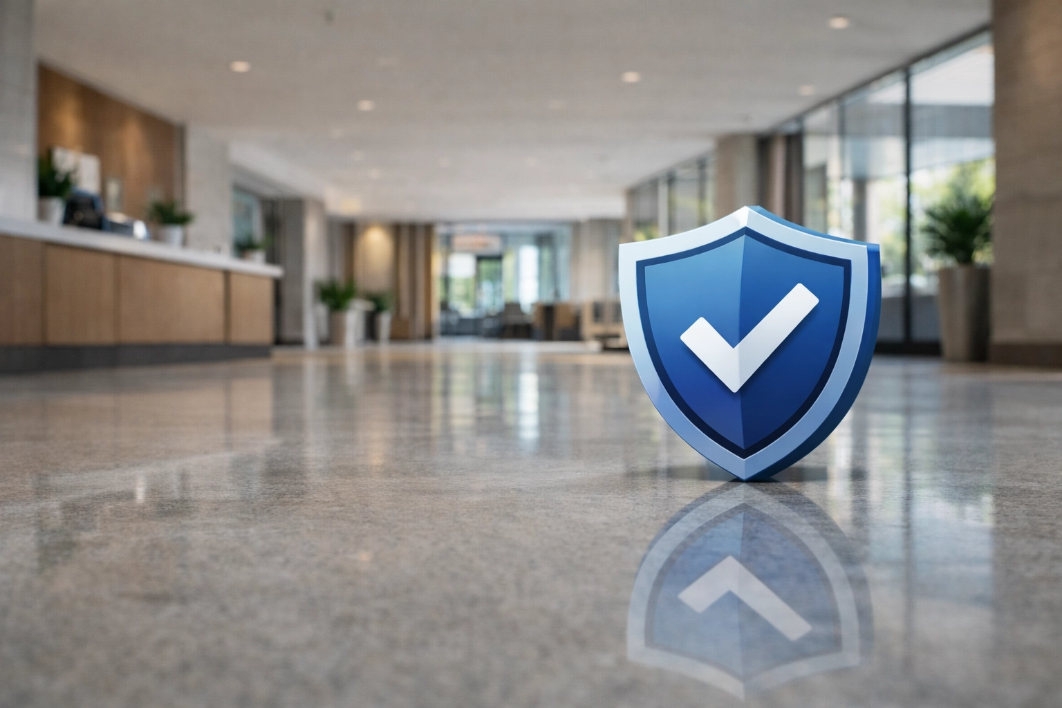 A polished commercial lobby floor with clean lines and a well-maintained finish.