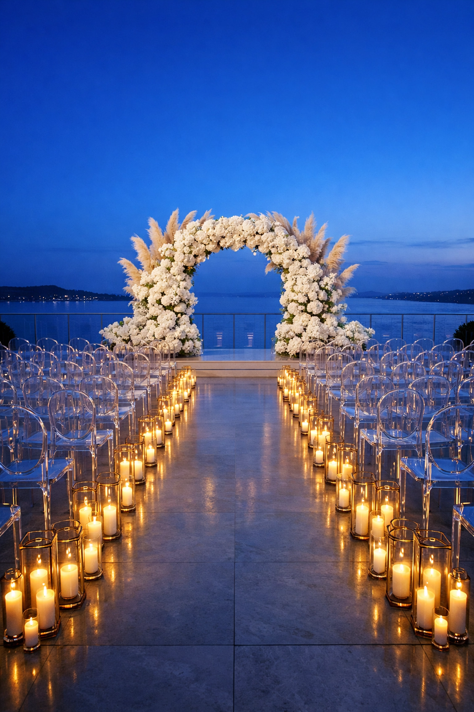 Luxury full service wedding planner ceremony design at dusk with a floral arch and lanterns.