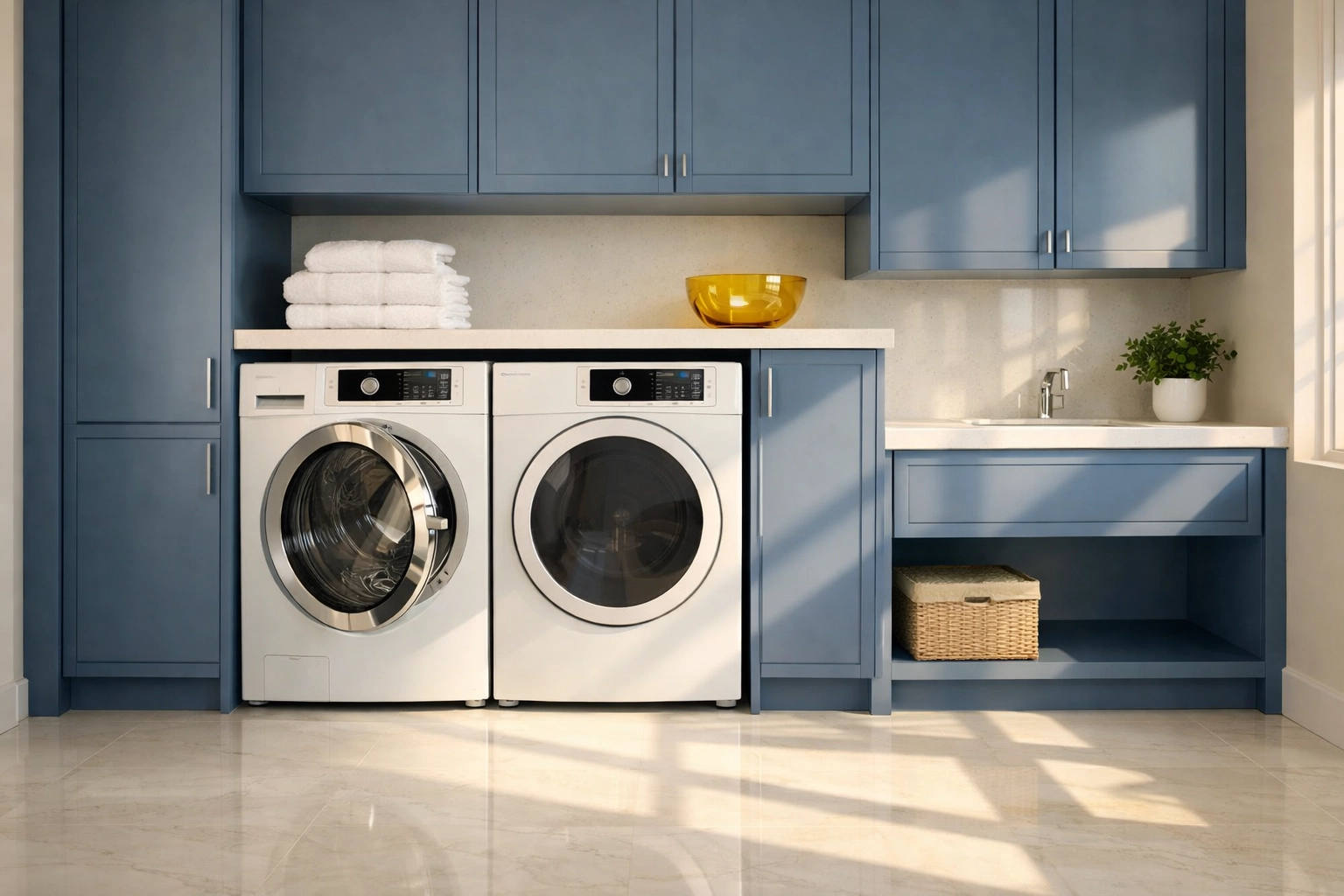 Modern laundry room with a front-loading washing machine door left open to prevent mold growth.