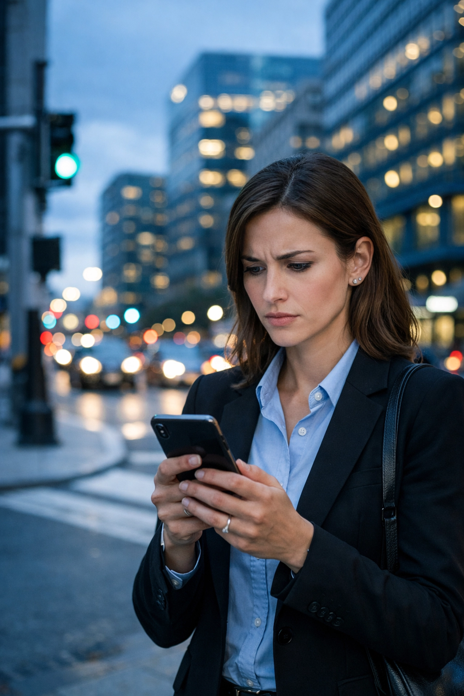 Woman in Boston checks her phone for Uber app status after a rideshare accident in Massachusetts.