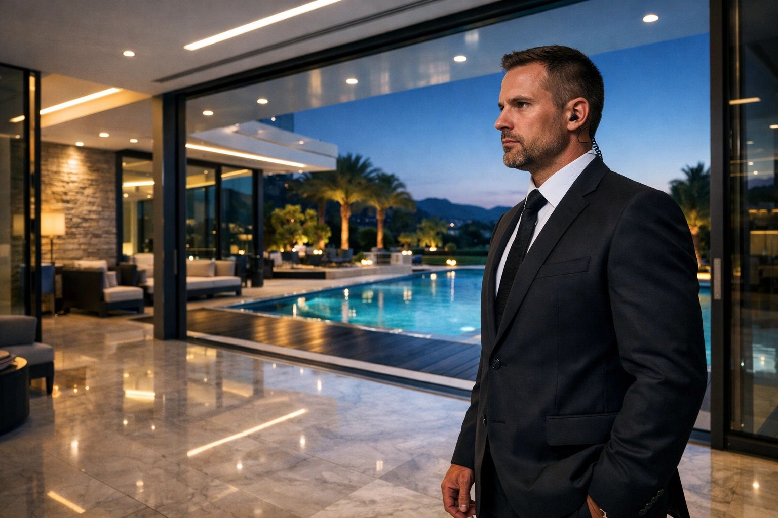 Professional security consultant conducting a residential sweep in a luxury Medellin villa with a private pool.